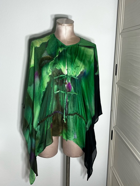 Roberto Cavalli Tops - Roberto Cavalli Green Watercolor Green Silk Batwing Women’s Blouse Top Sz One Sz